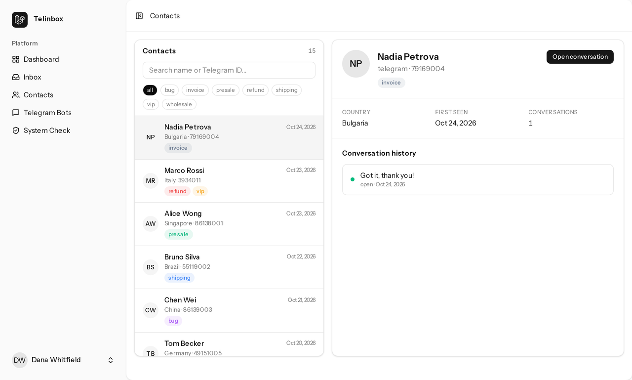 Telinbox contact profile with conversation history